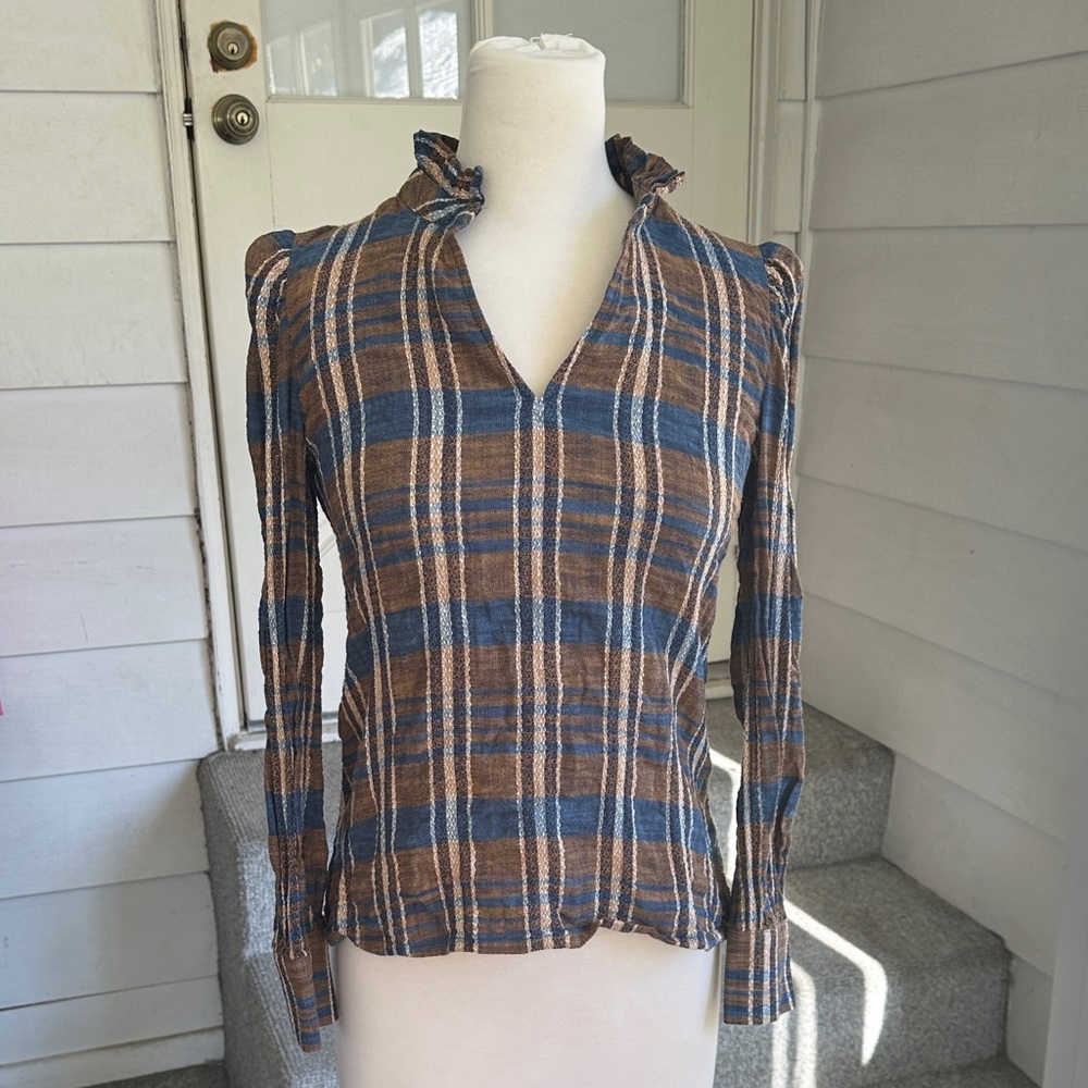 Spartina 449 Blue, Brown, Cream Plaid Ruffle Blouse